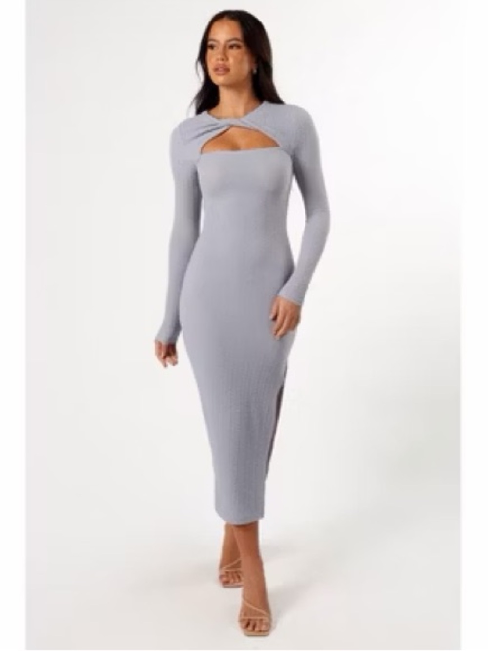 Long Sleeve‎ Twist Cutout Bodycon Slit Dress - Pastel Pale Blue Gray Size M